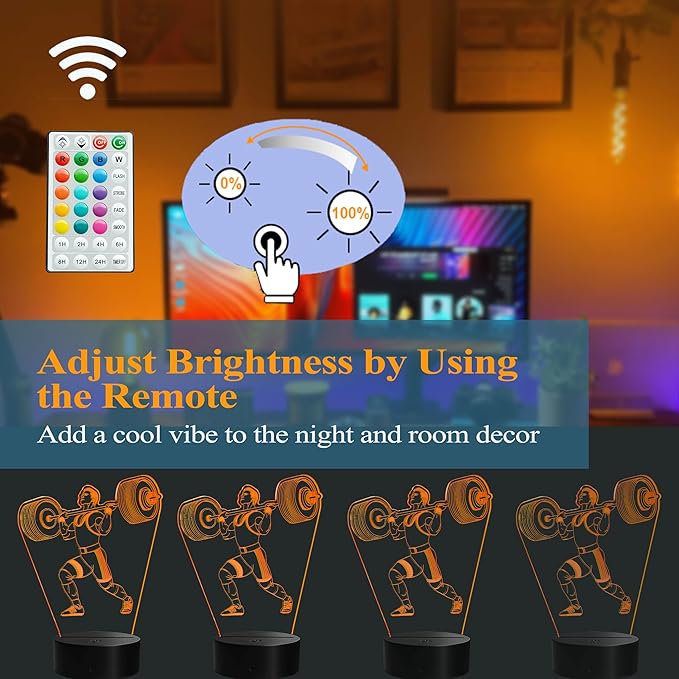 Weightlifting Night Light, Weightlifting Gifts for Boy, Gym 3D Night Light with Remote Control, 16 Colors Changing, RGB Flashing Mode and Dimmable, Gifts for Boys Christmas Decor