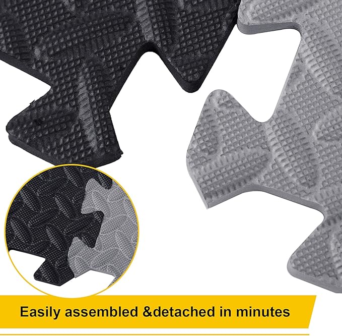 Ecally 100 Pcs 12 x 12 Gym Mat Foam Floor Mats for Home Gym Covers 96 Sq Ft Puzzle Exercise Square Interlocking Carpet Tiles with Border for Workouts Equipment Yoga Pilates (Black,Gray)