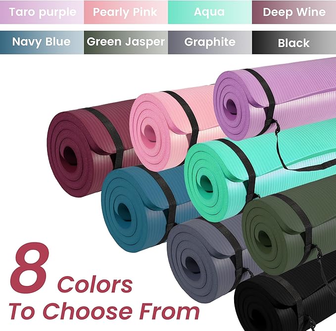 Signature Fitness 71x24 Inches Extra Thick Yoga Mat 1-Inch High-Density Foam – Roll-Up Exercise Pad with Double-Sided Non-Slip Surface and Carrying Strap for Pilates and Home Workouts, Multiple Colors