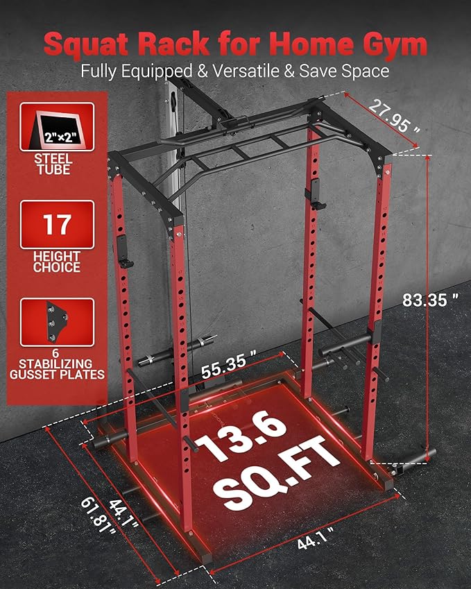 GarveeLife Power Cage, Power Racks for Home Gym with Pulley System, 1200 LBS Weight Capacity Multi-Functional Squat Rack for Strength Workout with More Training Attachment (Red D1002)