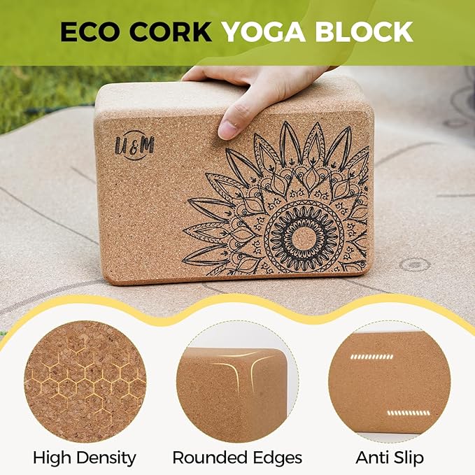 U&M Cork Yoga Blocks 2 Pack Set,Natural Cork High Density 9"x6"x4" Yoga Blocks Odor-Resistant Non-Slip for Yoga, General Fitness, Pilates, Stretching and Toning