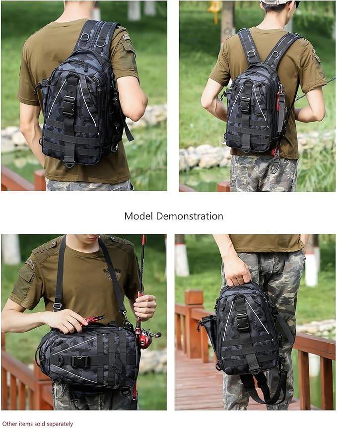 Mint & Moss Tactical Backpack for Men Water Resistant Tackle Backpack with Rod Holder & Tackle Box Kit, Lightweight Sling Fishing Bag for Trekking Survival Camping Fitness Travel (Camo)