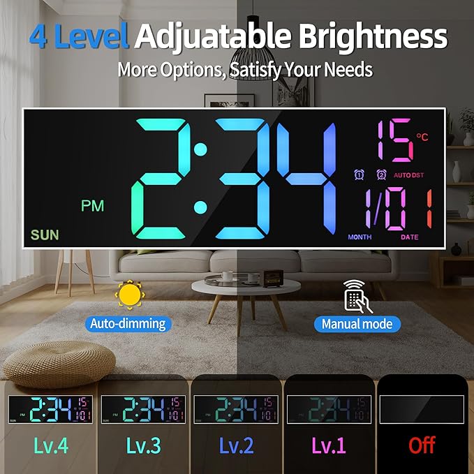 LEIKE 16.2'' Large Digital Wall Clock with Remote Control, Big LED/Dual Alarm/8 RGB Colors/Auto Brightness/Date/Auto DST/Temperature/Night Light Gym Clocks for Living Room Bedroom Office Wall Decor