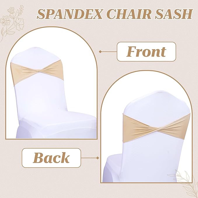 MDS Pack of 10 Spandex Chair Sashes Bows Elastic Stretch Dining Chair Bands Ties Without Slider Buckle Universal fits for Wedding Baby Shower Birthday Party Banquet Event Decoration - Champagne Gold