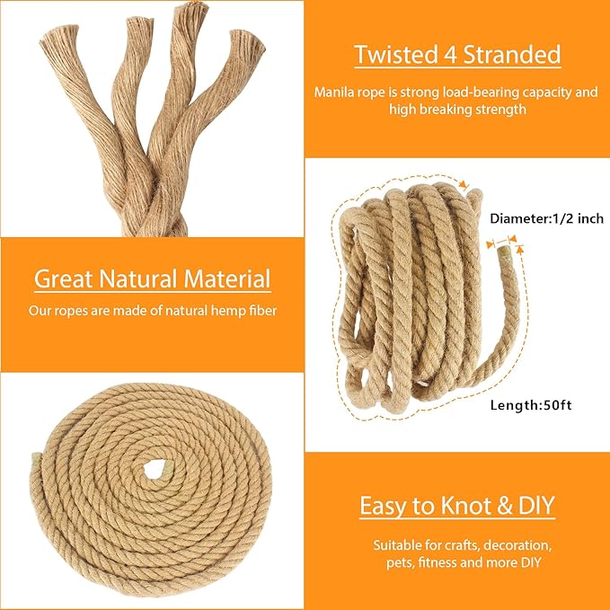 DEDU Hemp Rope, Twisted 4 Strand Manila Rope 1/2 Inch X 50 Ft, Natural Hemp for Crafts Heavy Duty Multipurpose for Swing Bed, Camping, Tug of War, Docks, DIY Projects.