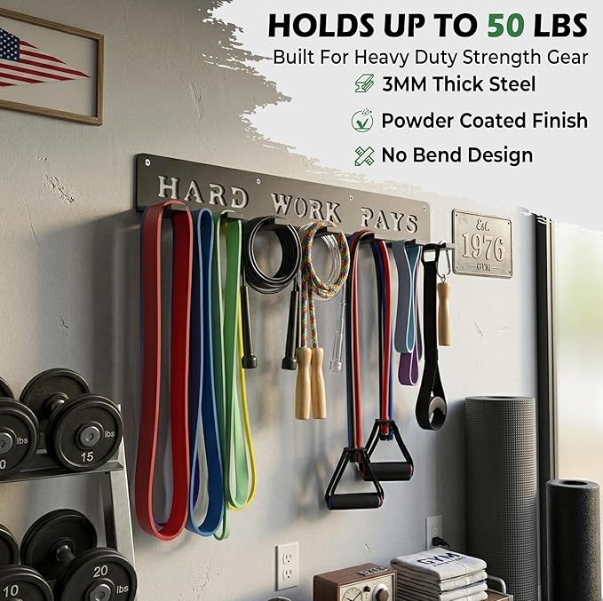 WIPHANY Home Gym Accessories Organization Storage Rack Equipment For Home 8 Hook Wall Hanger Display Gear Barbells Resistance Bands Jump Ropes Lifting Belt Hanger Accessories Hardware Included