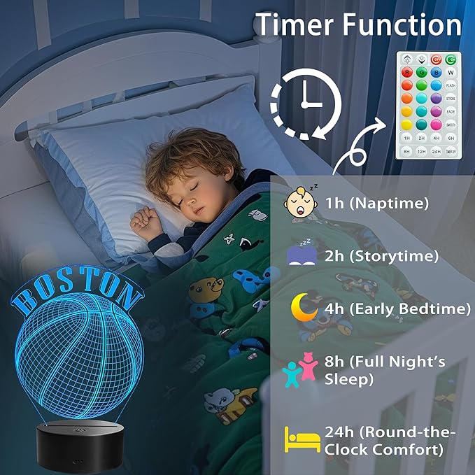 Basketball Night Light, Boston Gifts for Boy, 3D Illusion Lamp with Remote Control, 16 Colors Changing, RGB Flashing Mode and Dimmable, Gifts for Boys Christmas Decor (Boston)