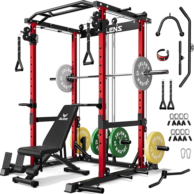 JELENS C12 Squat Rack for Home Gym, 2000LBS Power Rack with Adjustable Pulley System, Power Cage Workout Equipment with LAT Pulldown and Training Attachment