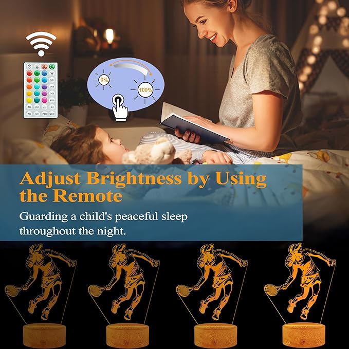 Tennis Night Light, Tennis Gifts for Girls, 3D Illusion Lamp with Remote Control, 16 Colors Changing, RGB Flashing Mode, Timer and Dimmable, Christmas Decor