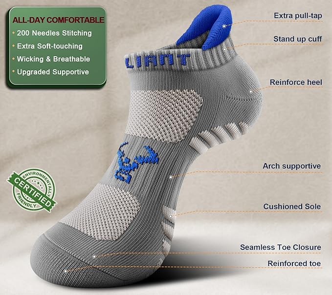 BULLIANT Men Running Socks,Active Ankle Socks No Show For Men With Cushioned Footbed Arch Support Breathable Wicking