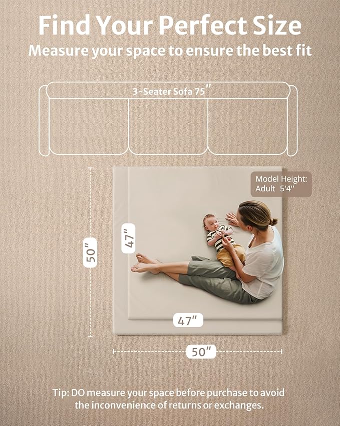 Blissful Diary Vegan Leather Baby Play Mat, 50x50 Thick Foam Cushioned & Waterproof Playpen Mat for Infants and Toddlers, Stylish and Just Wipe-Clean Playmat for Baby Play on Floor, Beige