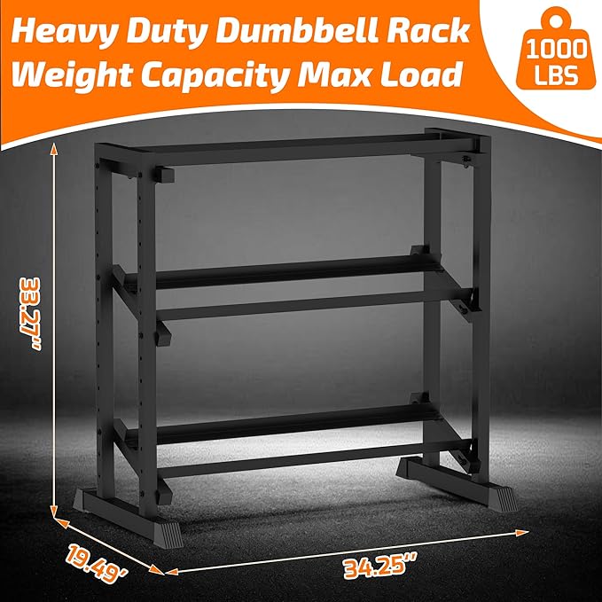 PLKOW Adjustable 3-Tier Dumbbell Rack with Barbell & Weight Plate Storage for Home Gym, Heavy Duty Steel Weight Rack Stand, Angle Height Width Adjustable Gym Organizer