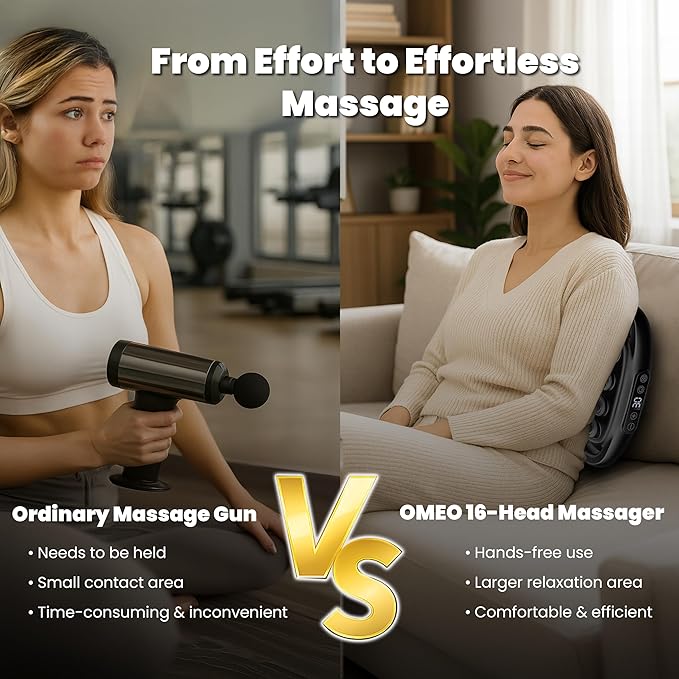 OMEO 16-Head Deep Tissue Massage Gun – Professional Percussion Massager with 30 Intensities & Quiet Motor | Portable Muscle Massager for Pain Relief, Neck, Back, Shoulders & Legs (Black)