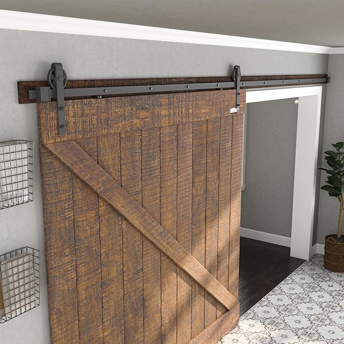 SMARTSTANDARD 14 Feet Heavy Duty Sliding Barn Hardware Kit, 4FT - 18FT, Black, Smoothly and Quietly, Simple and Easy to Install, Fit 84" Wide Door Panel (Industrial Bigwheel Hangers)