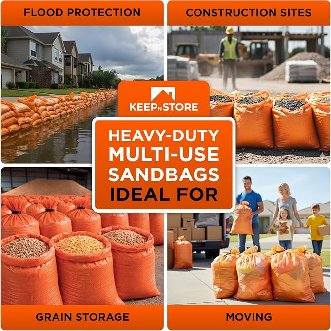 Heavy Duty Sand Bags Pack of 5, Bright Orange Empty Sandbags with Built-In Ties, Woven Polypropylene UV Protection 1600 Hours, Fillable Bags for Flood Control, Weight, 24x40 inches, 125 Pounds Volume