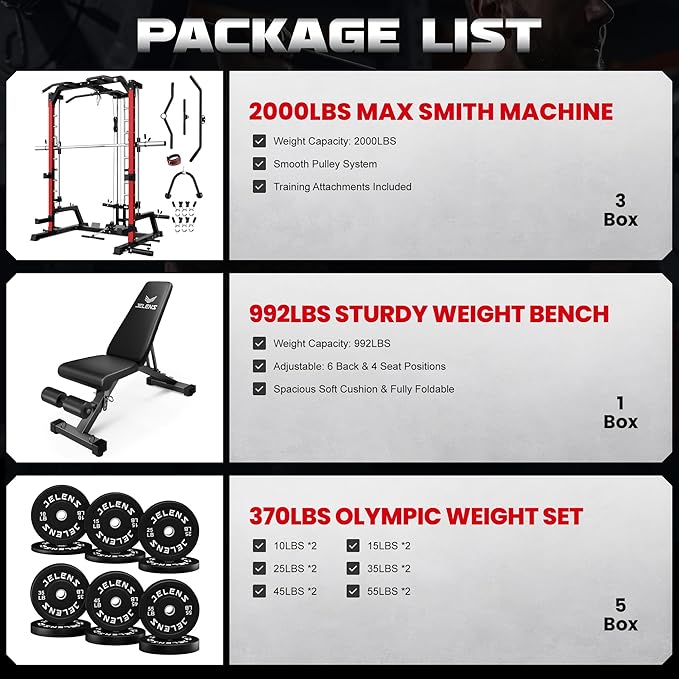 JELENS SR01 Smith Machine, 2000LBS Multi-Function Power Cage with LAT Pulldown System, All-in-One Home Gym Squat Rack with Smith Bar and Training Attachments for Full Body Workouts