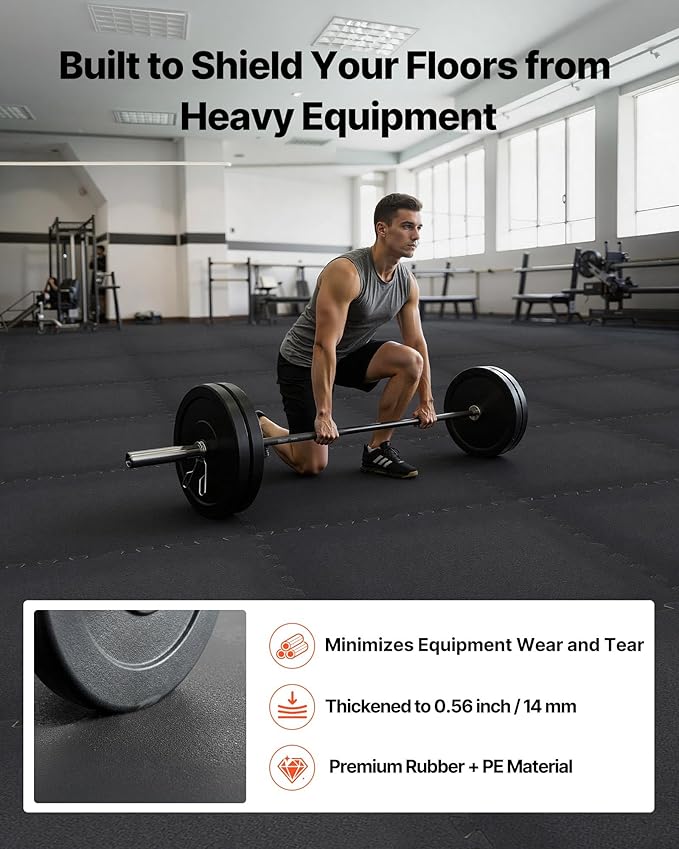 VEVOR 0.56Inch 96sq.ft 24 Tiles Gym Flooring for Home Gym, Rubber Top with High Density EVA Foam, 24 x 24In Gym Floor Exercise Equipment Mats, Interlocking Gym Mats, Puzzle Workout Mats, Black