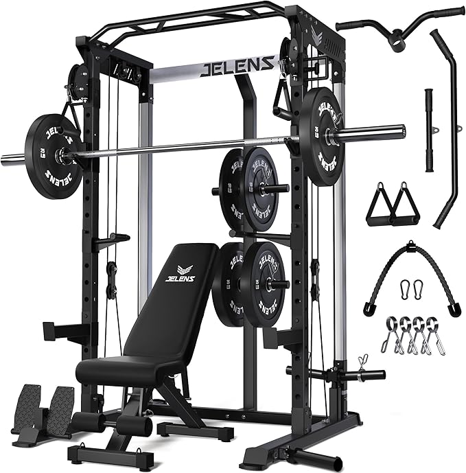 JELENS C21 Power Cage, 2000LBS Multi-Function Power Rack with Independent Dual Pulley System, All-in-One Squat Rack for Cable Crossover, Home Gym Workout Machine