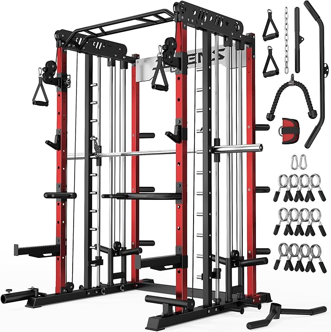 JELENS Smith Machine for Home Gym, Multi-Function M12 Power Cage with Cable Crossover System, Squat Rack with Smith Bar and More Attachment