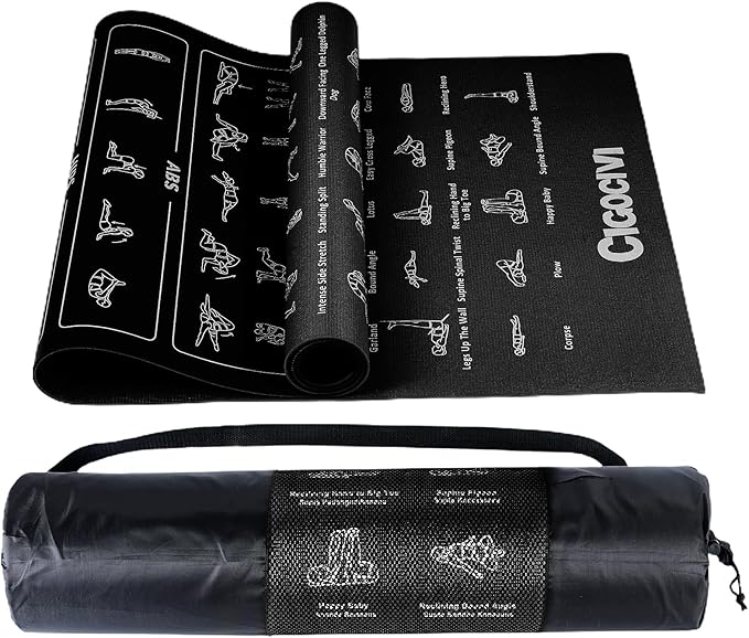 Instructional Travel Yoga Mat with 75 Poses & Exercises - Christmas Gifts for Wife and Girls, Non-slip Exercise Mat for Home Workout, Includes Carrying Bag, 68"x24"x0.25"