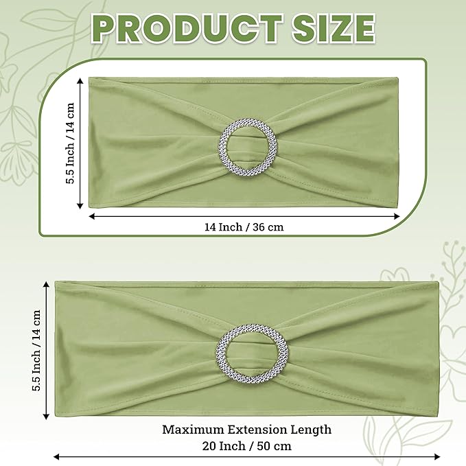 VDS - Sage Green | Spandex Chair Sashes Bows | 100 PCS | Stretch Elastic Banquet Universal Folding Chair Band Tie with Silver Buckle Slider for Wedding Party Conference Celebration Event Decoration