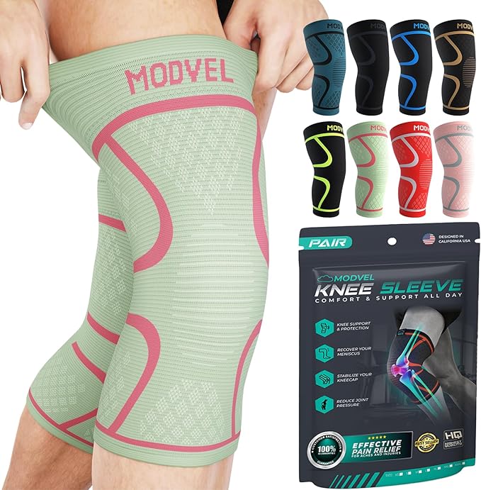 Modvel Knee Braces for Women & Men – 2 Pack Compression Sleeve Set, Knee Support Brace for Meniscus Tear, ACL & Arthritis Relief, Cream/Pink Medium