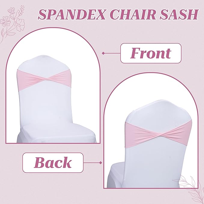 MDS Pack of 100 Spandex Chair Sashes Bows Elastic Stretch Dining Chair Bands Ties Without Slider Buckle Universal fits for Wedding Baby Shower Birthday Party Banquet Event Decoration - Blush Pink