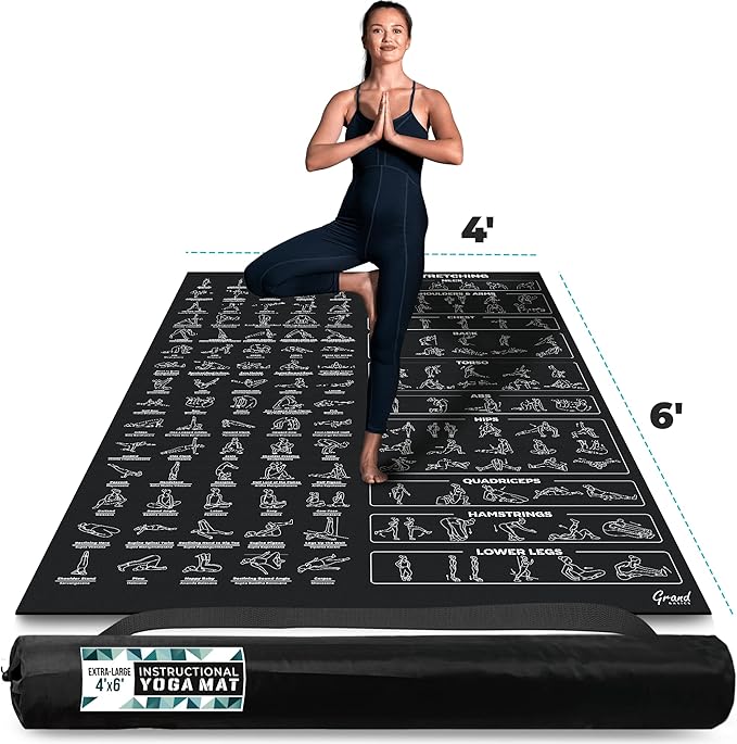 Extra-Large Instructional Yoga Mat with Poses Printed On It - 3X Bigger & 2X Wider than Regular Workout Mats - 150 Illustrated Yoga Poses and Stretches - Wide, Non-Slip, Barefoot Exercise Mat