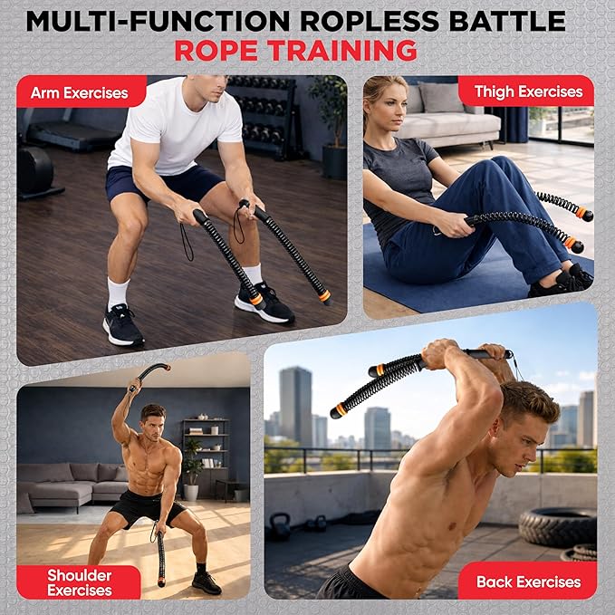Adjustable Ropeless Battle Ropes – Weighted Cordless Battle Rope Set with Variable Resistance, Wrist Straps & Workout Guide Poster – Portable HIIT & Home Gym Training Equipment