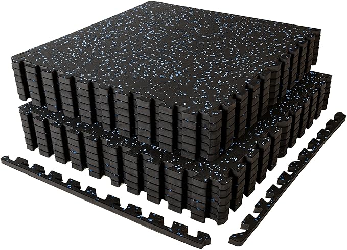 SUPERJARE 1" Extra-Thick Rubber Top Exercise Mat, Puzzle Gym Flooring for Home Gym, Gym Mat for Workout Equipment, Interlocking Floor Tiles with EVA Foam, 12 Pcs 48 Sq Ft, Black/Blue