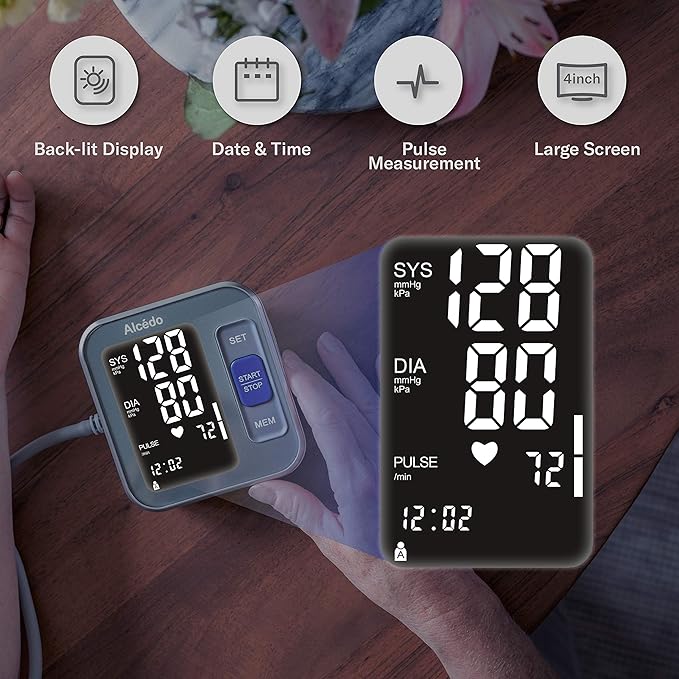 Alcedo Blood Pressure Monitor for Home Use, Automatic Digital BP Machine with Large Cuff for Upper Arm (Black Backlit Screen)