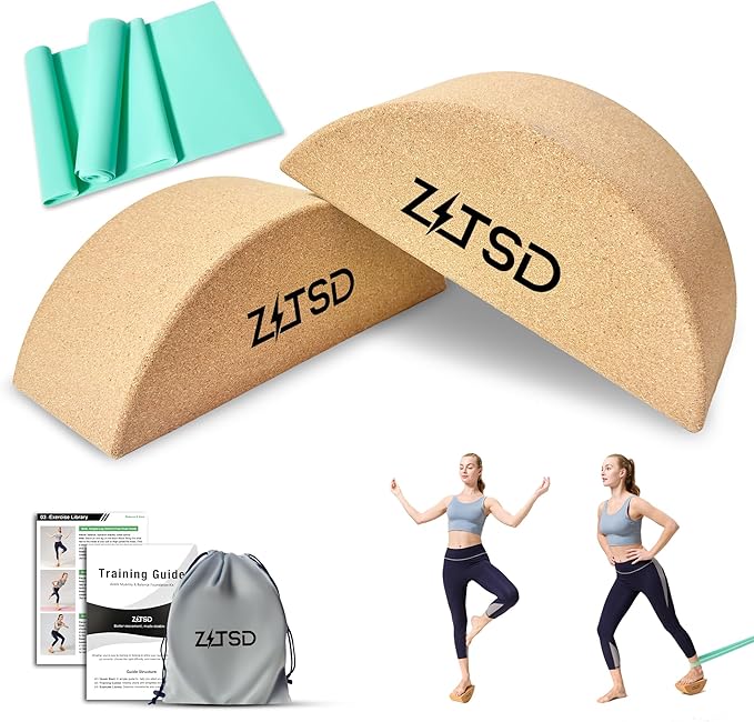 Half Moon Cork Balance Board Kit, Reversible Wobble Board Balance Trainer for Adults with 2 Blocks, 5 lb Resistance Band, Carry Bag and 4-Week Training Guide for Home Travel Office