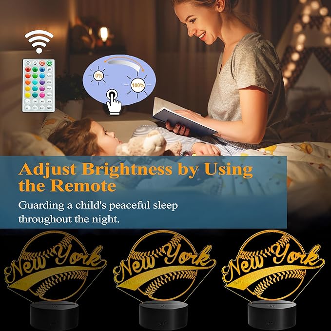 Baseball New York Night Light, NY Baseball Sport Gifts for Boy, 3D Illusion Lamp with Remote Control, 16 Colors Changing, RGB Flashing Mode and Dimmable, Gifts for Boys Christmas Decor