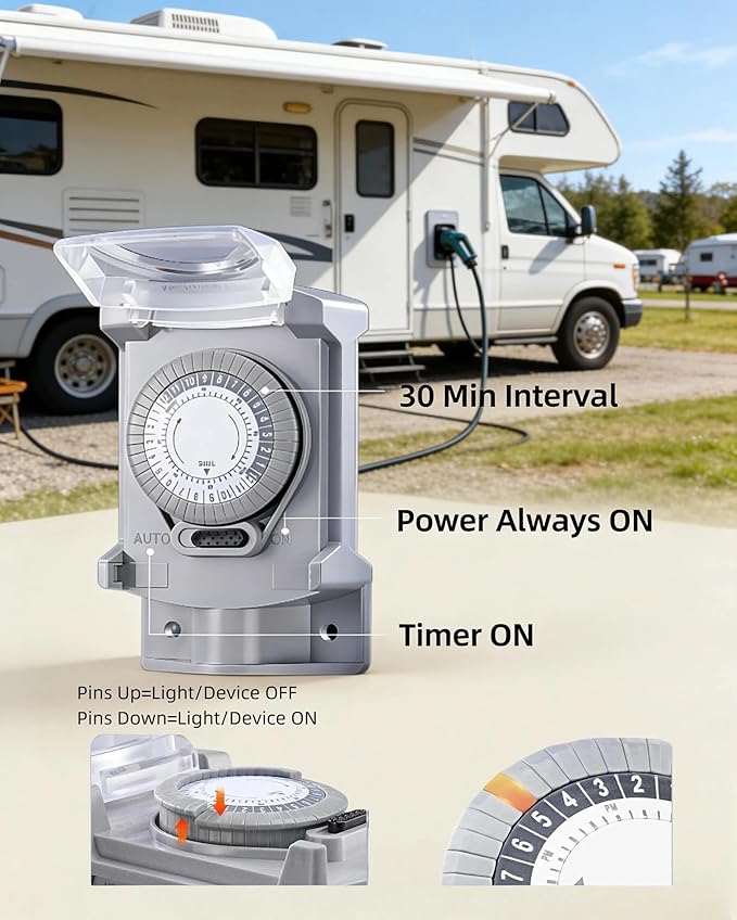 24 Hour Heavy Duty Mechanical Timer Switch with 30 Minutes Intervals, 20 AMP,120V Power Control, for Waterproof Junction Box, RV Outlet, Pool Pump, Power Distribution Box,Outdoor Light