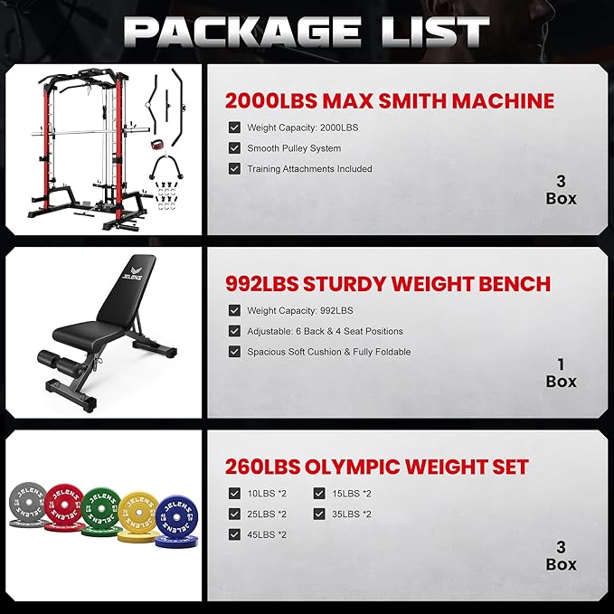 JELENS SR01 Smith Machine, 2000LBS Multi-Function Power Cage with LAT Pulldown System, All-in-One Home Gym Squat Rack with Smith Bar and Training Attachments for Full Body Workouts