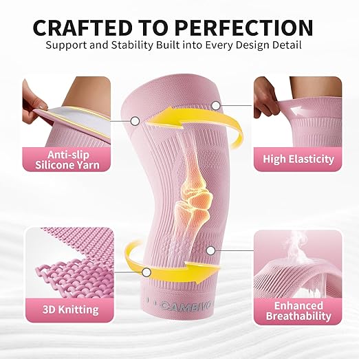 CAMBIVO Knee Brace for Women and Men (2 Pack), Ultra-Thin Lightweight Knee Compression Sleeve (Light Pink, Medium)