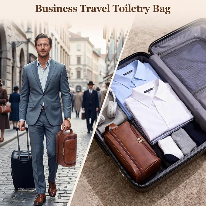 Mens Toiletry Bag for Travel,PU Leather Travel Toiletries Bag,Waterproof Toiletry Shaving Kit for Men,Personalized Gifts for Men Father's Day Birthday (F)