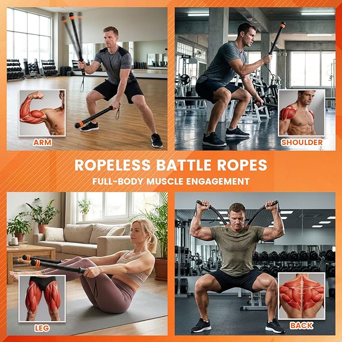 Weighted Ropeless Battle Ropes for Home Gym, Cordless Portable Battle Rope Workout Equipment with Adjustable Resistance, Low Impact Strength & HIIT Training, Fitness Exercise Rope for Men Women