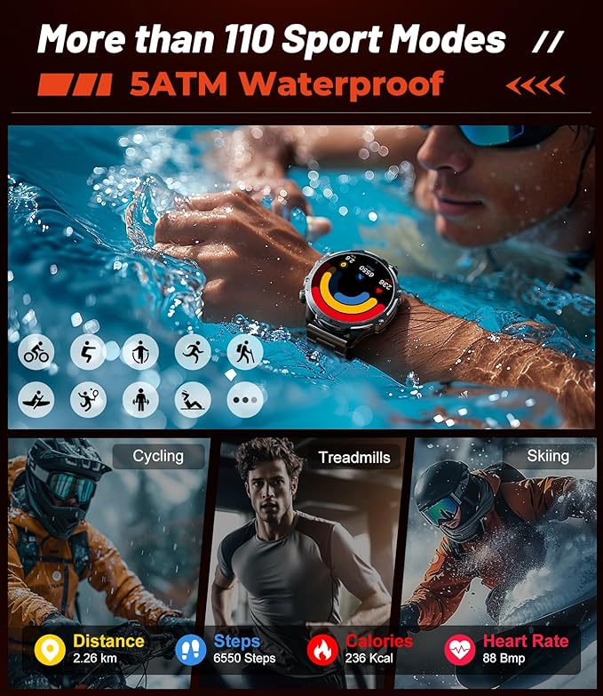 Militrary Smart Watch for Men,1.85" HD/800mAh Battery Smart watches for Android/iOS (Bluetooth Call Answer/Calls)Fitness Tracker,100+ Sports/LED Flashlight/IP68 Waterproof/Sleep Tracker Smartwatch