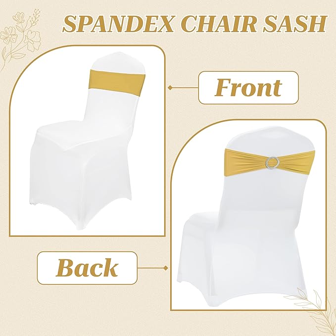 MDS Pack of 250 Spandex Chair Sashes Bows Universal fits Elastic Stretch Chair Bands Ties with Buckle Slider Bow for Wedding Decoration Spandex Slider Sashes Bow - Gold