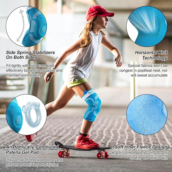 NEENCA Kids Knee Brace Sleeve, Youth Knee Compression Sleeve for Children - Boys & Girls. Child Knee Support with Patella Gel Pad & Side Stabilizers for Knee Pain, Sports, Outdoor -Blue