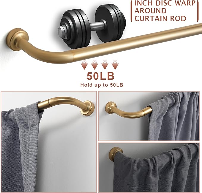 Warm Gold Curtain Rods for Windows 28 to 48",1 Inch Disc Wrap Around Curtain Rod with Aluminum Finials and Brackets,No Screw Disassembly Adjustable Blackout Curved Room Darkening Curtain Rod