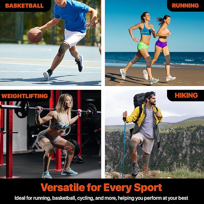 JWW Plus Size Knee Compression Sleeve for Big Thighs, 2 Pack Knee Brace for Men & Women Knee Pain Relief, Workout Sports Knee Support, Knee Braces for Meniscus, ACL & Arthritis Recovery (Orange, 2XL)