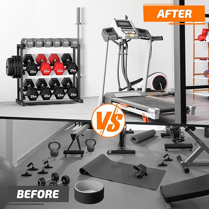 PLKOW Adjustable 3-Tier Dumbbell Rack with Barbell & Weight Plate Storage for Home Gym, Heavy Duty Steel Weight Rack Stand, Angle Height Width Adjustable Gym Organizer