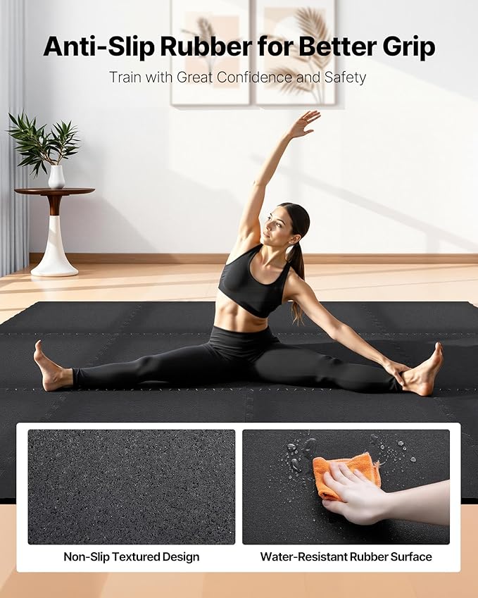 VEVOR 0.56Inch 96sq.ft 24 Tiles Gym Flooring for Home Gym, Rubber Top with High Density EVA Foam, 24 x 24In Gym Floor Exercise Equipment Mats, Interlocking Gym Mats, Puzzle Workout Mats, Black