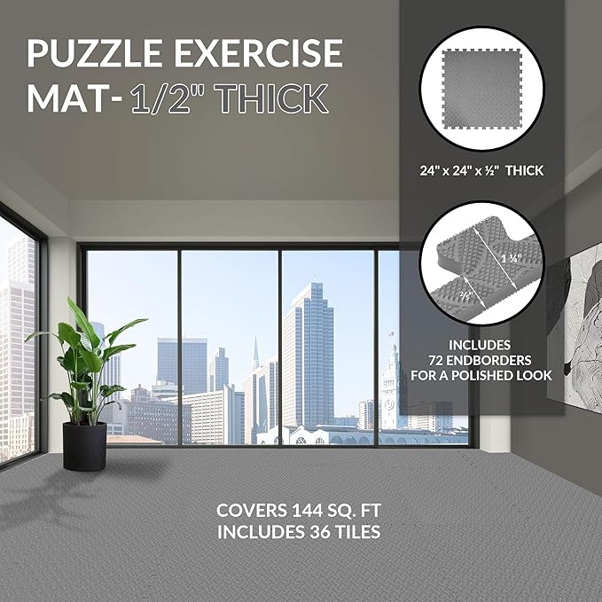 Fitvids Puzzle Exercise Gym Flooring Mat, 1/2" Thick High-Density EVA Interlocking Tiles Workout Mat for Home Gym, Fitness Equipment, MMA, Gymnastics, 36-Piece Shock-Absorbing Exercise Mat (144 Sq Ft)