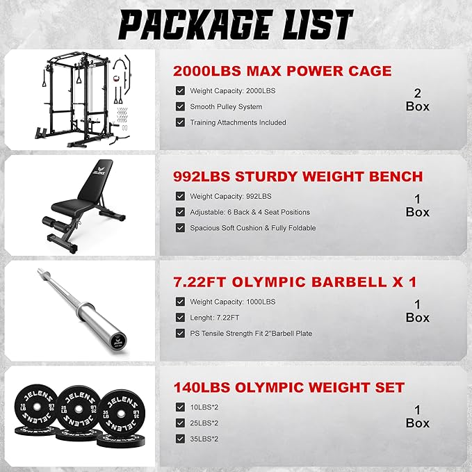 JELENS C12 Squat Rack for Home Gym, 2000LBS Power Rack with Adjustable Pulley System, Power Cage Workout Equipment with LAT Pulldown and Training Attachment