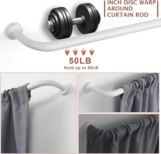 Matte White Curtain Rods for Windows 48-88",1 Inch Disc Wrap Around Curtain Rod with Aluminum Finials and Brackets,No Screw Disassembly Adjustable Blackout Curved Room Darkening Curtain Rod