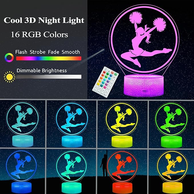 Cheerleader Gifts, Cheerleader 3D Night Light with 16 Colors Changing, Timer, 4 Flash Modes and Dimmable, for Birthday Xmas Cheering Squad Gifts for Room Decor Girls