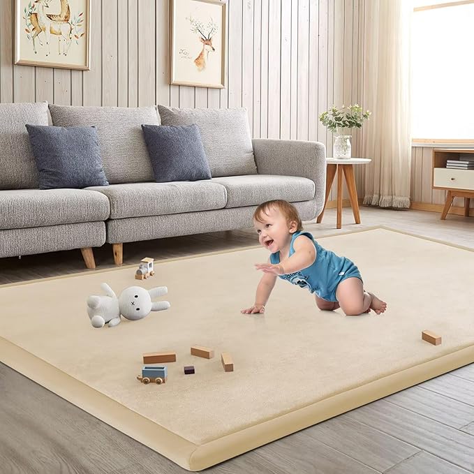 Baby Play Mat for Floor Nursery Rug Muscle Mat Area Rug Playroom Rug 39"x59" Playpen Mat Memory Foam 1.3" Thick Crawling Mat for Babies,Toddlers, Infants, Kids,A Beige
